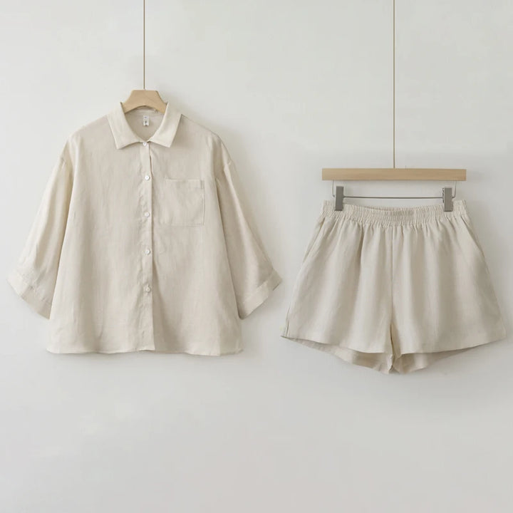 Women 2025 Summer Casual Linen Blouse Shorts Sets