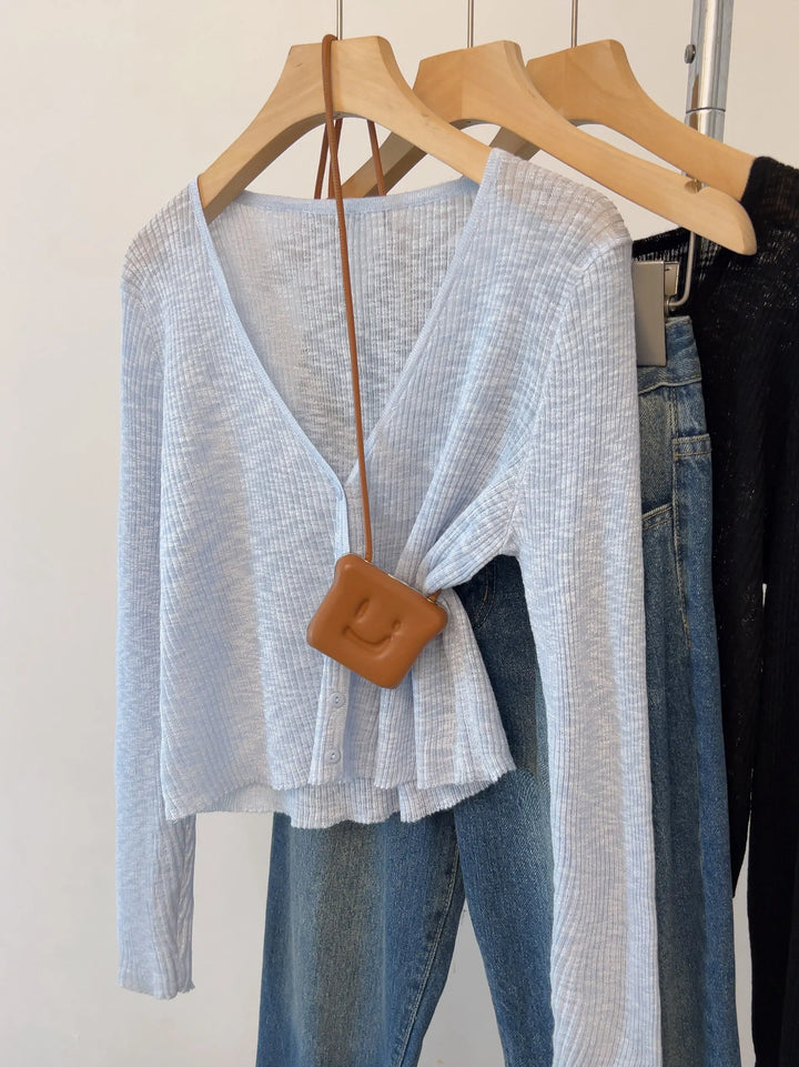 Women Outerwear Air Conditioner Shawl Single-breasted Short Tops 2026 Summer Blue V-Neck Thin Sunscreen Knit Cardigan