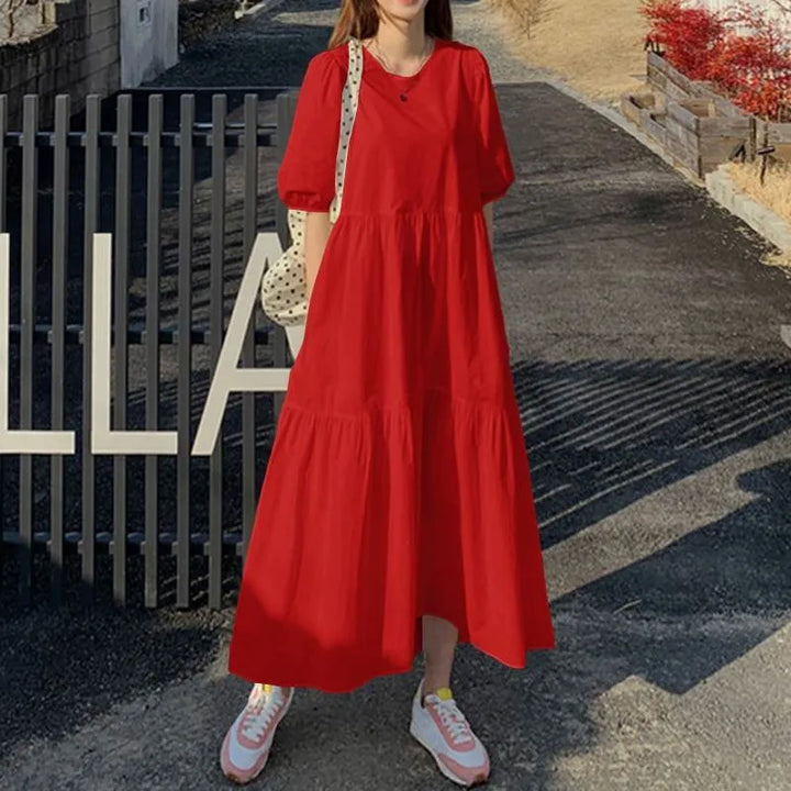 Elegant Red White Dress Women Sundress 2024 Summer Loose Casual Short Sleeve Maxi Vestidos Female O-neck Simples Robe Femme