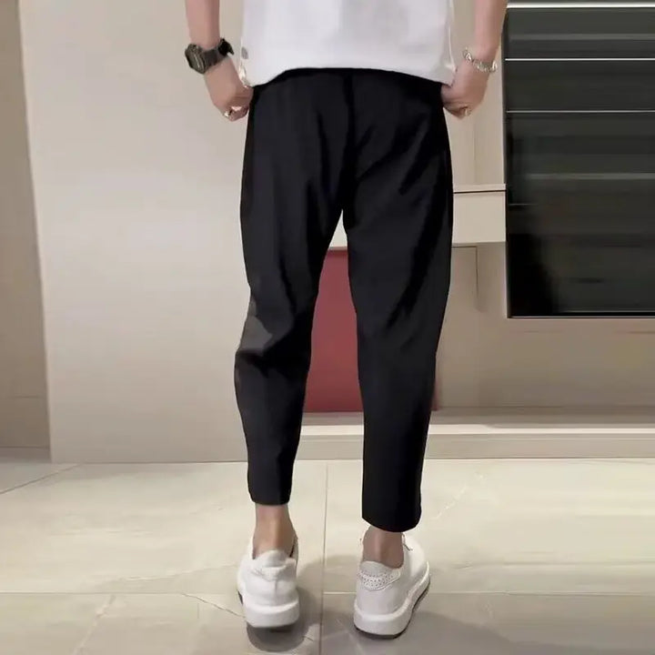 Mens Black Cropped Tapered Pants Elastic Waist Pocket Casual Slim Fit Trousers