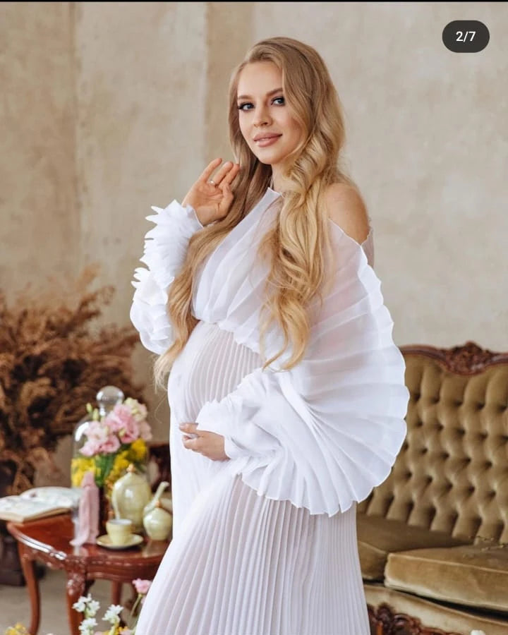 2026 New Off White Pleated Maxi Dresses for Photoshoot Maternity Photoshoot Dress Formal Evening Gown Baby Shower Dress YEWEN