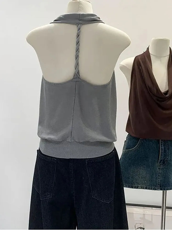 Cowl Neck Elegant Summer Women Top Sleeveless Halter Neck Tank Top Laced Ice Silk Knit Backless Sexy Basic Tees Blouse