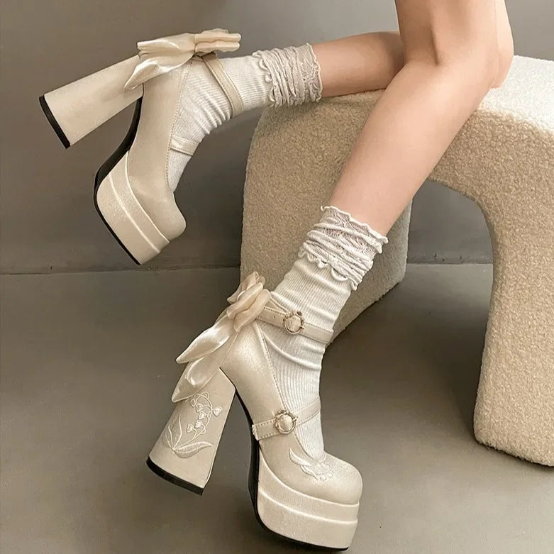 Women High Heel Shoes Lolita Pumps Fashion Spring Autumn Ladies Outdoor Retro Bow Mary Jane French Elegant 6-8cm High Heels