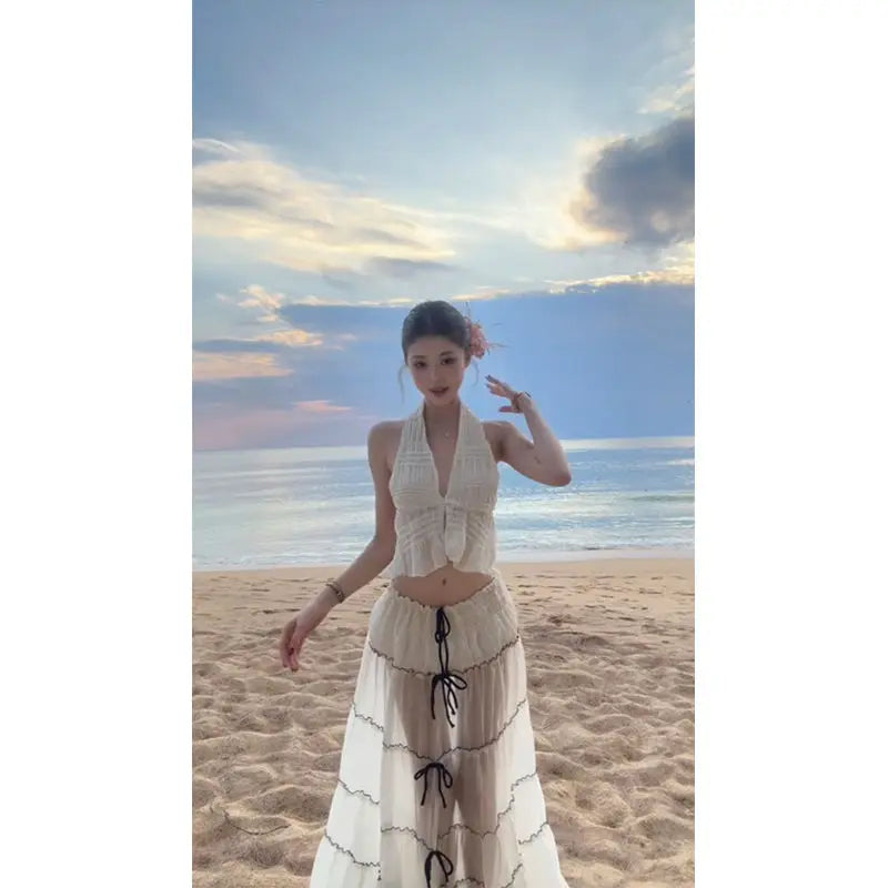 Women Boho Two Piece Set Halter Pleated Crop Top and Layered Maxi Skirt Drawstring Detail Slim Fit Suit Beach Summer Outfit 2025