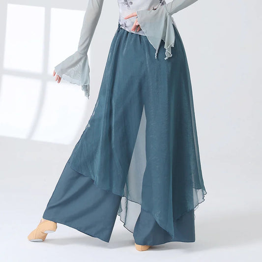 Women 2 Layers Dance Trousers Gauze Print Chiffon Culottes Flowy Skirt Pant Loose Wide Leg Modern Hanfu Elegant Practice Clothes