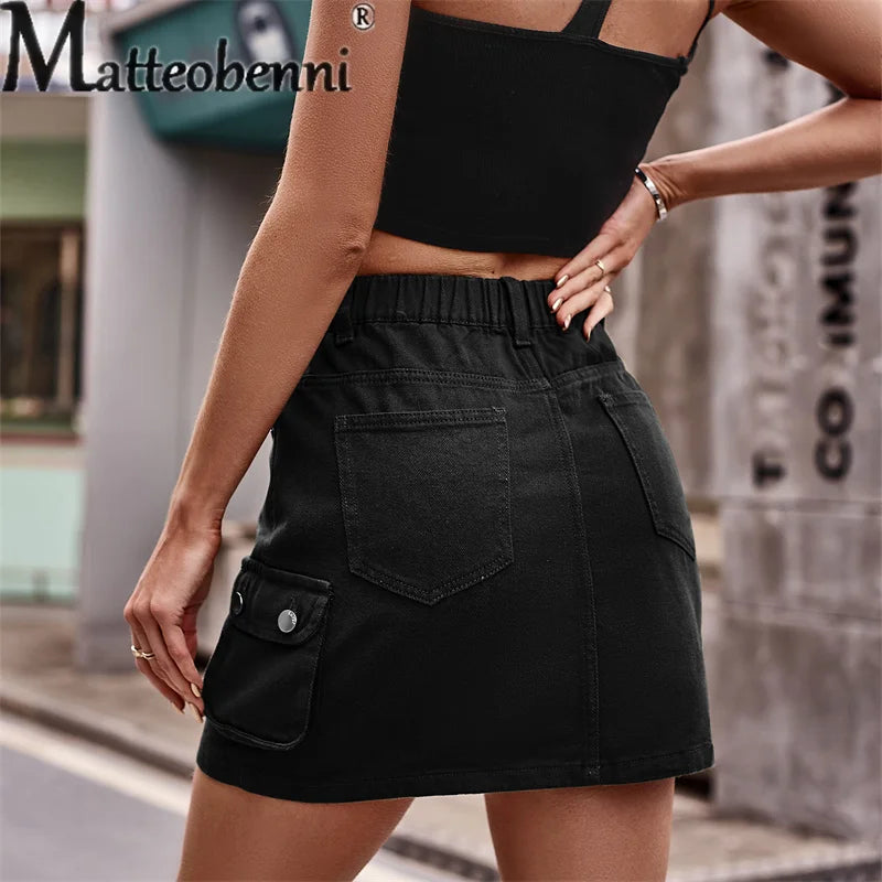 Fashion Half Straight Denim Short Skirt Women Summer Daily Casual Elastic Waist Button Splice Pocket Commuter Female Streetwear