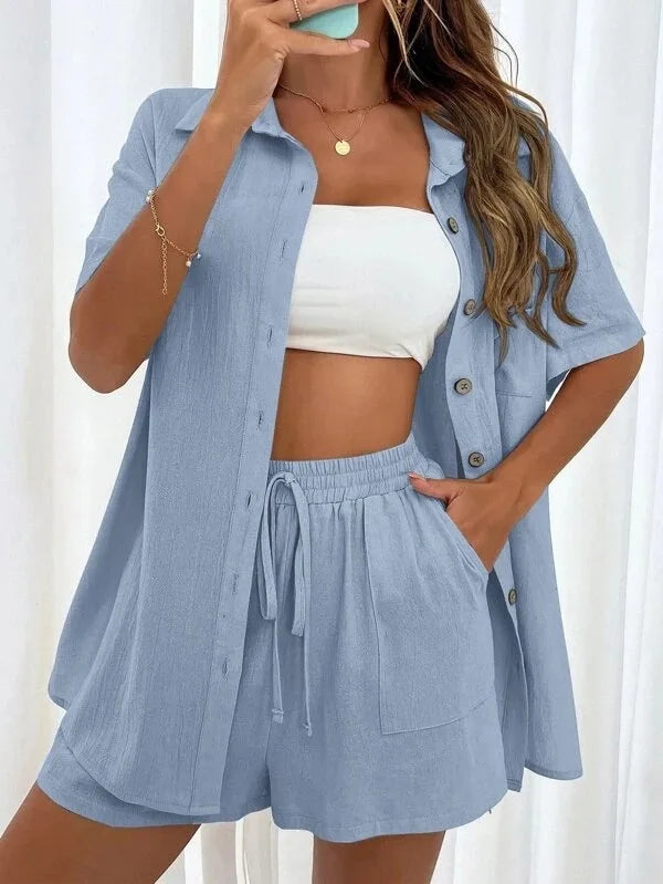 Fashion Women Shirt + Shorts Two Piece Set Solid Color Shirt Suit 2025 New Casual Loose Short Sleeve Single Breasted Women&