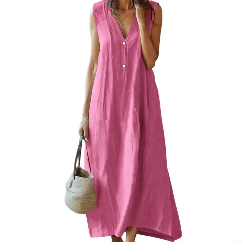Y3NE Womens Cotton Linen Dress Casual V-Neck Sleeveless Spring Maxi Dresses Beach Dresses Vacation Outfits