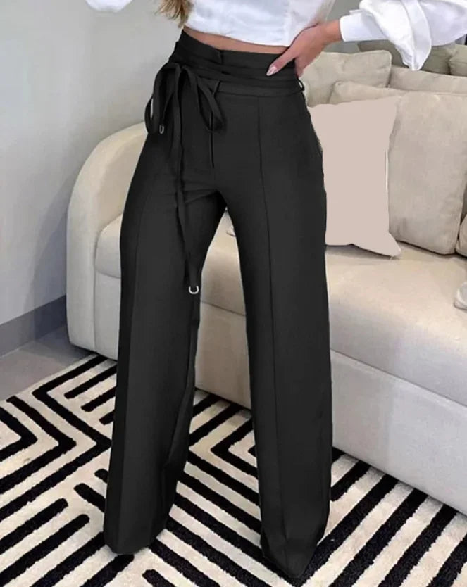 Women Fashion Tied Detail Straight Leg Work Pants Khaki Female High Waist Office Lady Elegant Long Trousers 2023 Autumn Clothing