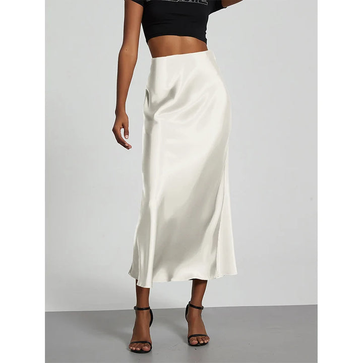 Minimalist Satin Midi Skirt  High Waist Bias Cut Flowy Hem Top for Office &amp; Casual Streetwear