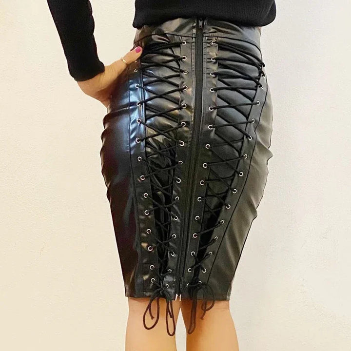 Women Knee Length Skirt Lady Wet Look Faux Leather High Waist Skirts Back Zipper Bodycon Pencil Skirt for Women