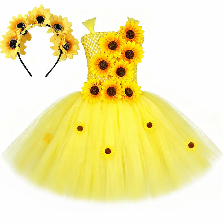 Fall Autumn Sunflower Fairy Princess Dress for Girls Thanksgiving Holiday Party Costume Set Yellow Kids Flower Girl Tutu Dresses