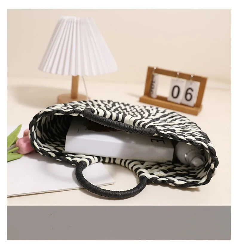 TOPHIGH Women Straw Tote Bag Large Capacity Luxury Designer Woven Bag Color Clash Semicircle Weaving Bag Summer Beach Handbag