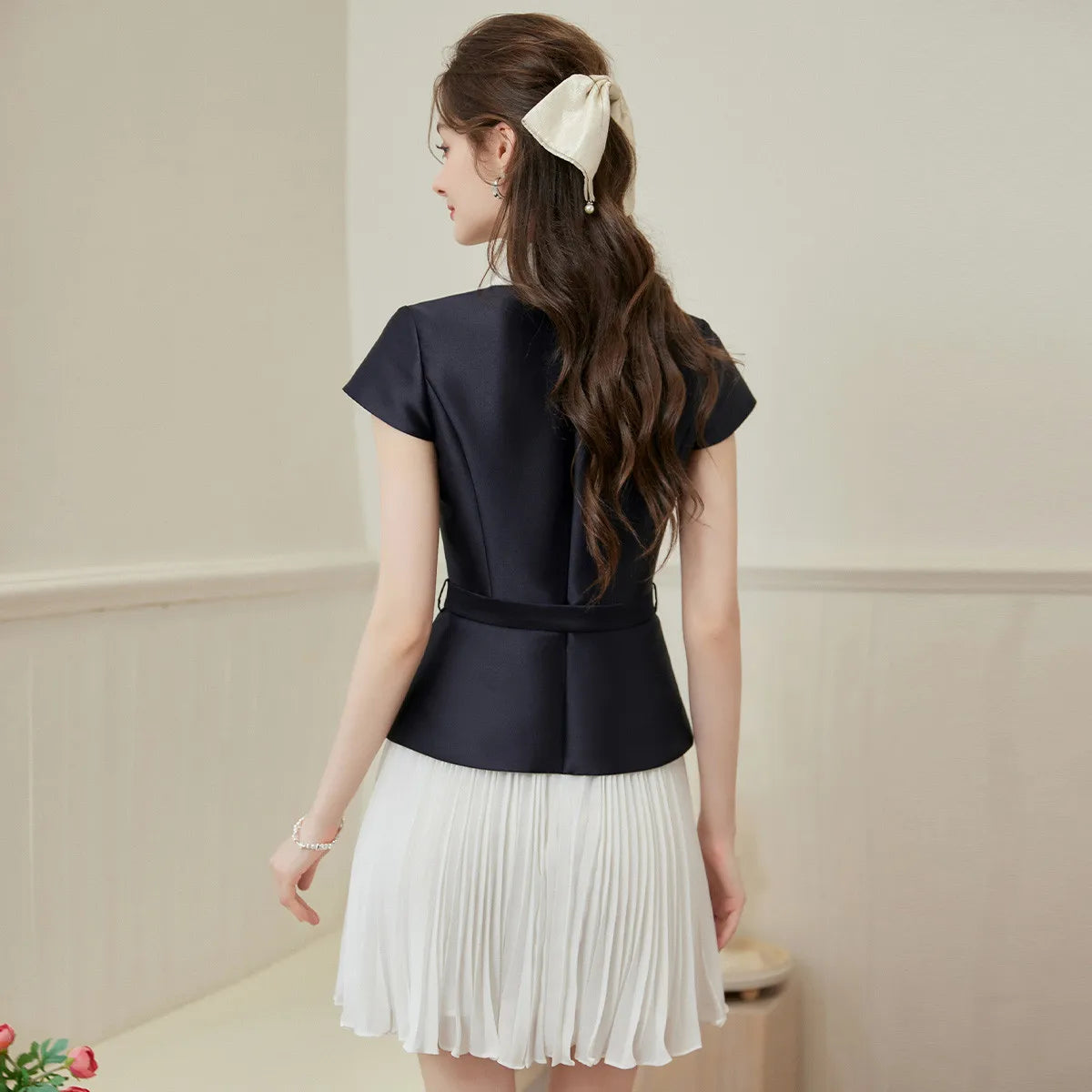 LOUISYAO Elegant Pleated Midi Dress 2026 Spring Short Sleeve Slim Fit Premium Chic Long Dress for Women