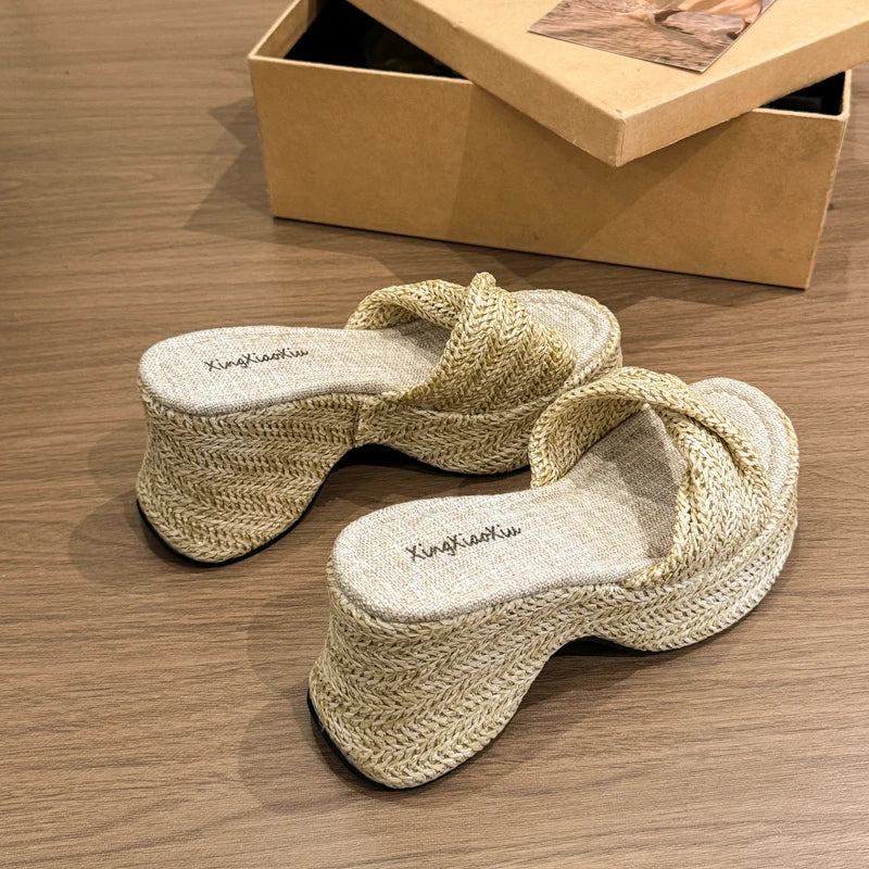 Summer Women Straw Woven Platform Slippers Fashion Bohemian Wedges Heel Slides Open Toe Ladies Elegant Party Dress Sandalias