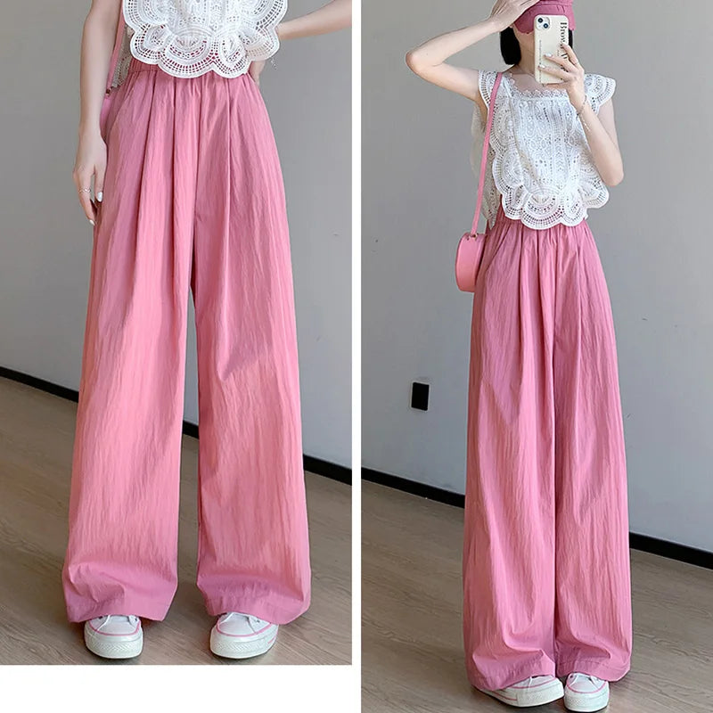 Spring Summer Women Loose Wide Leg Pants Casual Elastic Waist Straight Long Wide Leg Pants Female Casual Female Pants Trousers