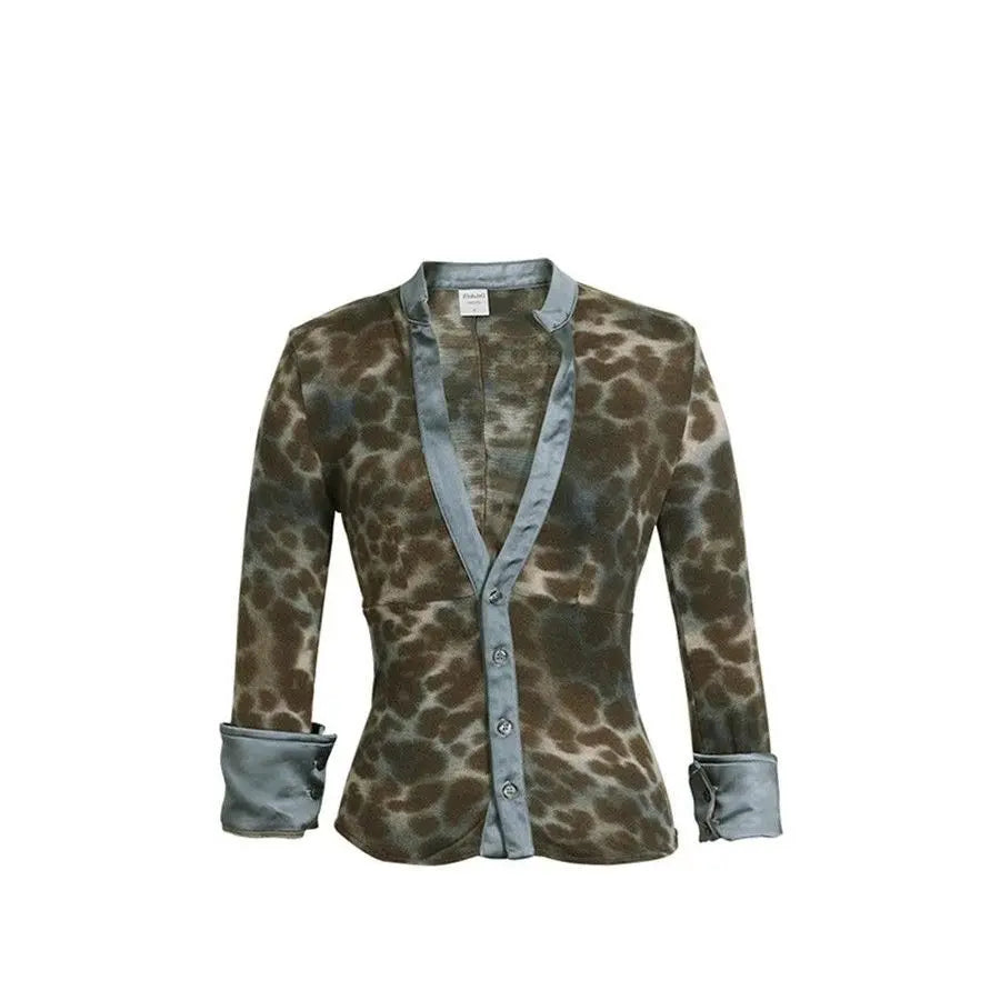 American Street Leopard Print Patchwork Cardigan Y2k Slim Waist V-neck Long Sleeve Tops Mujer 2025 Spring New Coat Women