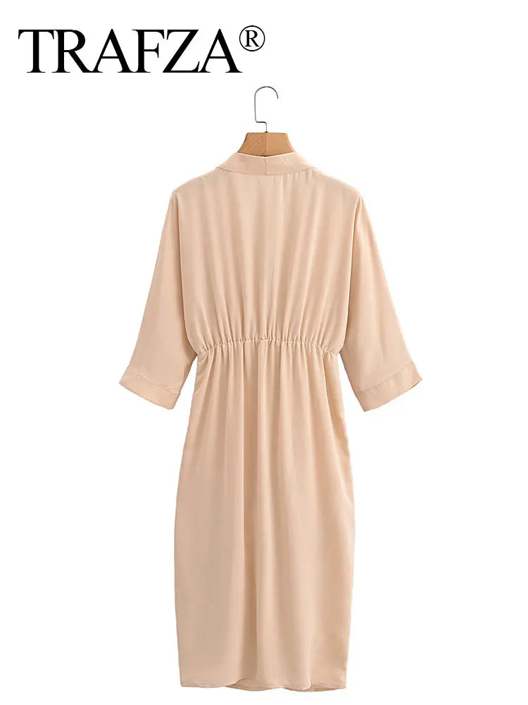 HH Dress Women Elegant Solid Waist Fitted Draped Dress Slim V Neck Half Sleeve Dresses Summer Woman Evening Dress Vestidos