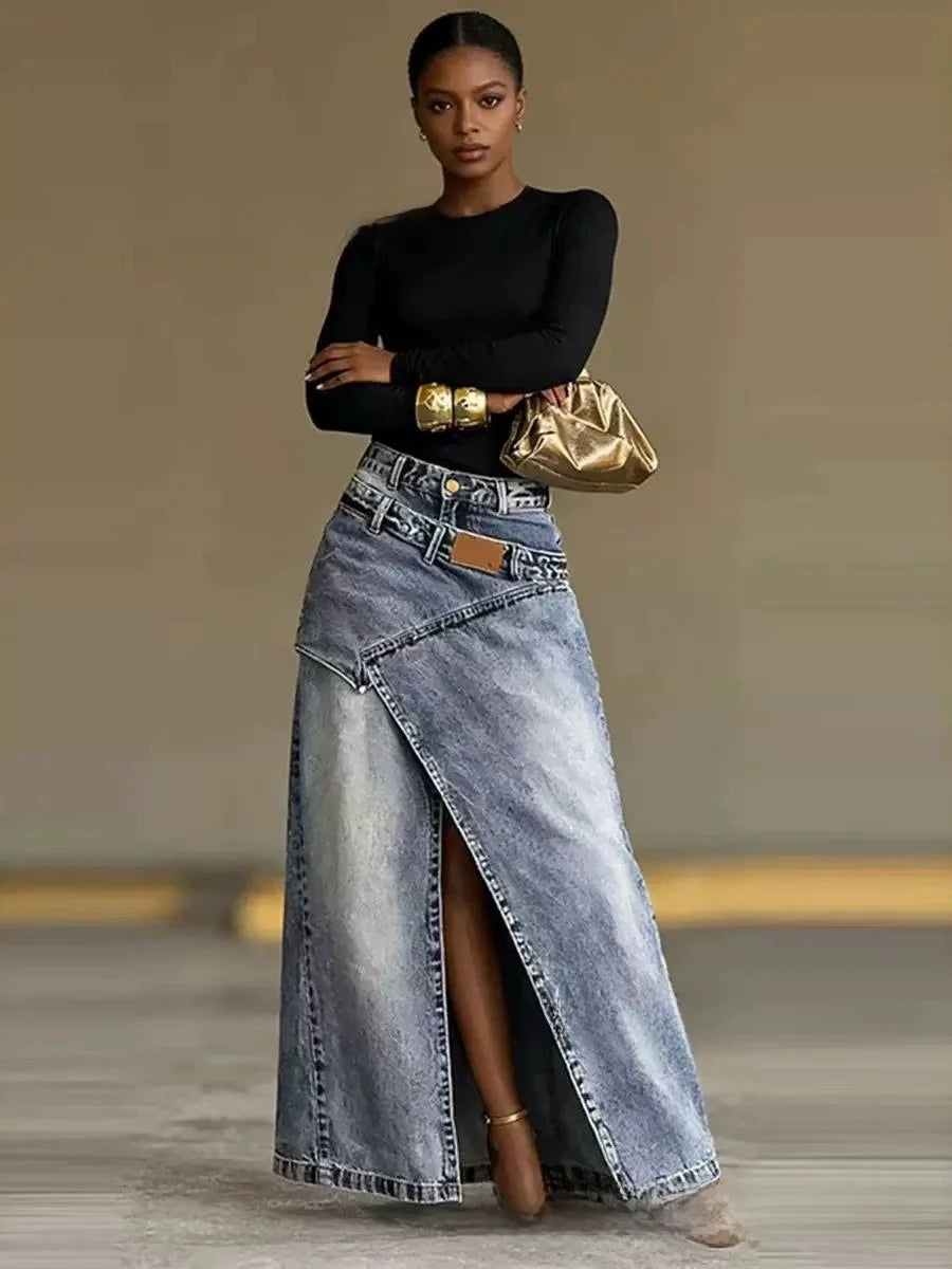 High Waist Asymmetrical Slit Denim Skirt Women&