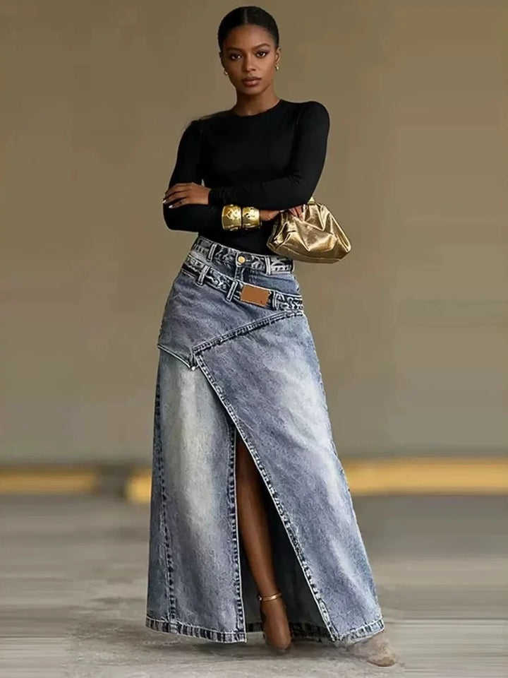 High Waist Asymmetrical Slit Denim Skirt Women&