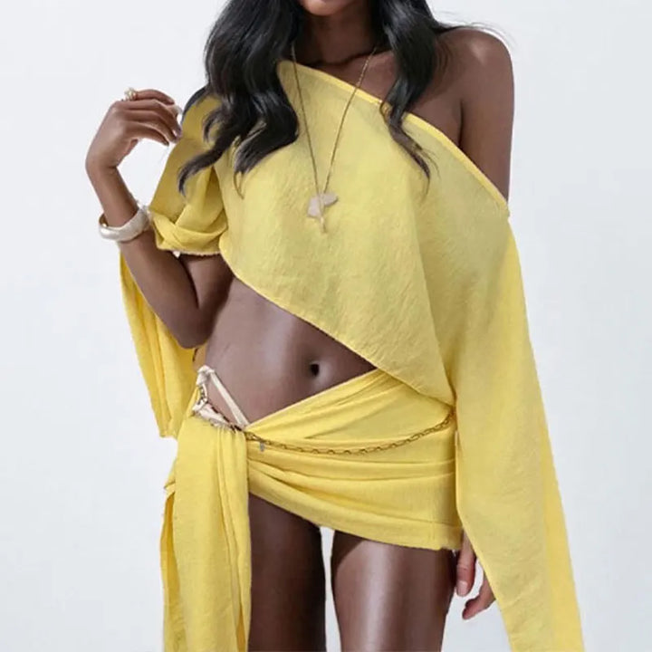 Women Two Pieces Sets Summer Crop Top+Mini Skirts Casual Clothing Suits Chic Streetwear Solid Color Lady Sexy Beach Outfits