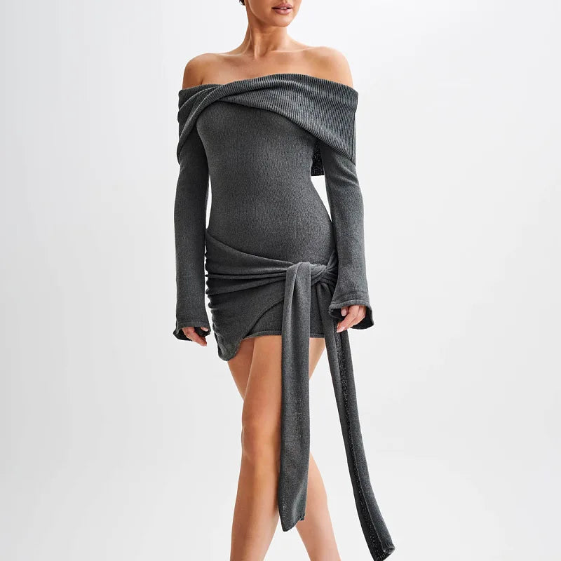 2026 Knitted Sweater Dresse for Women Fashion Lace-Up Off-Shoulder Mini Dress Solid Slim Patchwork Twist Ribbed Knitwear Dress
