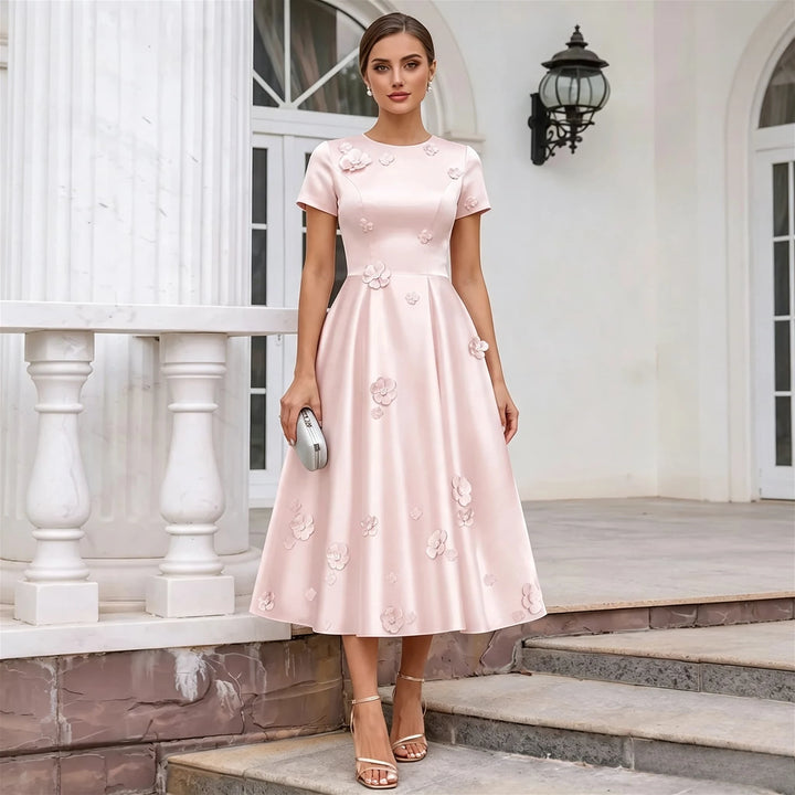 Customized Midi A Line Satin Evening Dress Round Neck Short Sleeve 3D Floral Appliques Flared Elegant Formal Bridal Occasion