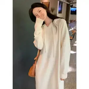 Women Hooded Knit Sweater Dress Long Sleeve Loose Slim Midi Dress Inner Wear For Overcoat Casual Knitwear