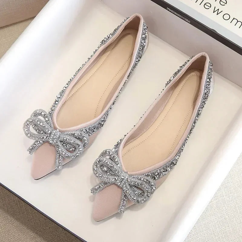Ballet Flats Shoes for Women Fashion Rhinestones Bow Flat Footware Female Plus Size Moccasin Boat Shoes Chaussure Femme 2024