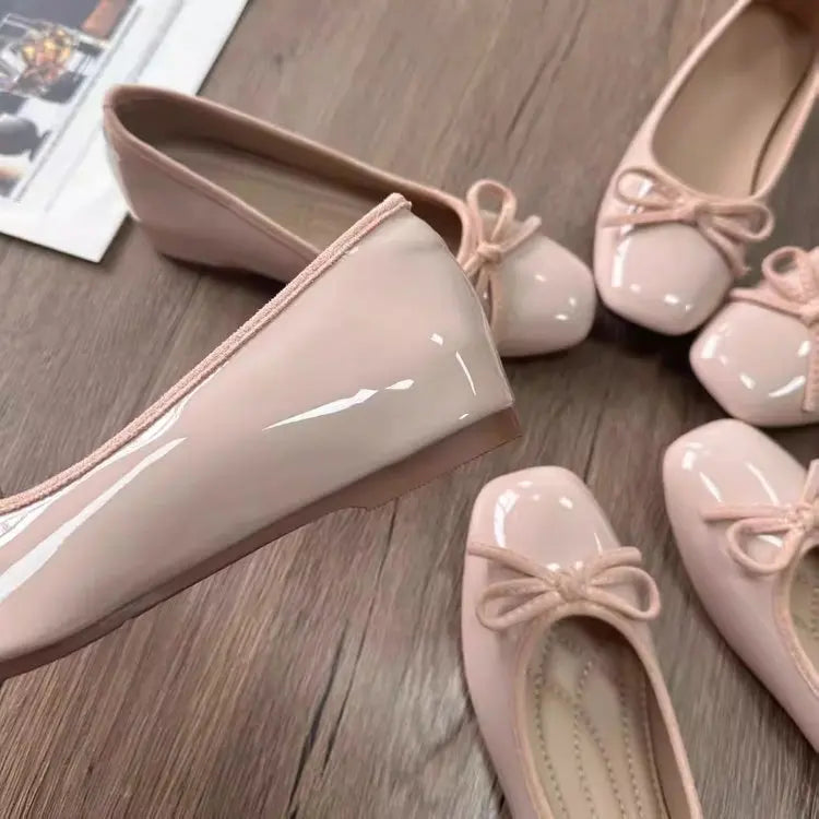 Women Ballet Flats Square Toe Bowknot Slip on Patent-Look Glossy Shoes Ladies Casual Office Everyday Walking Dress Footwear