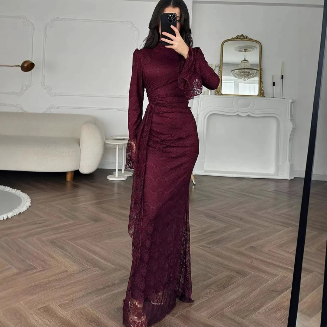 Women Lace Fitted Dresses Solid Evening Dress H Line Ankle Lenth Bell Sleeve Waist Cinch Slim Fit Party Sexy Elegant 2026 Summer