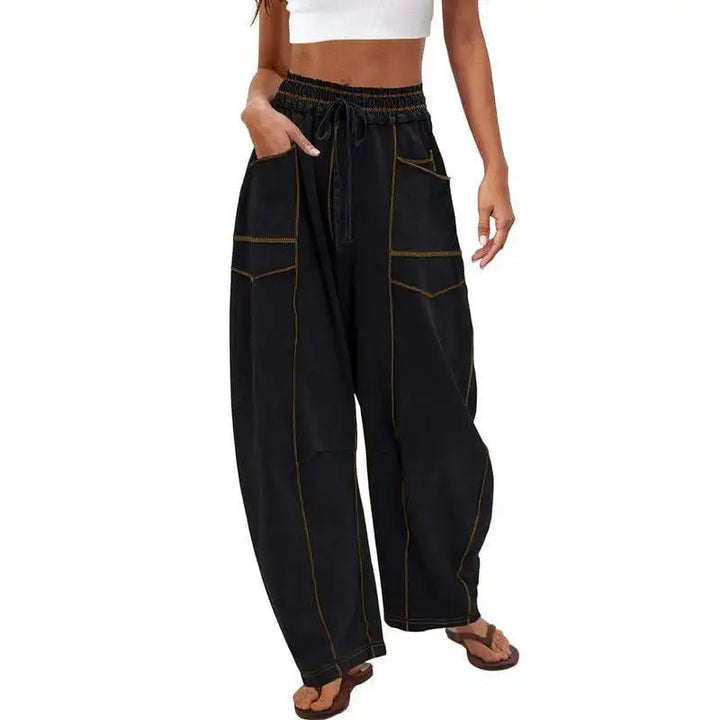 Fashion Women Casual Loose Wide Leg Pants Women Solid Color High Waist Drawstring Long Trousers Jogging Sportswear