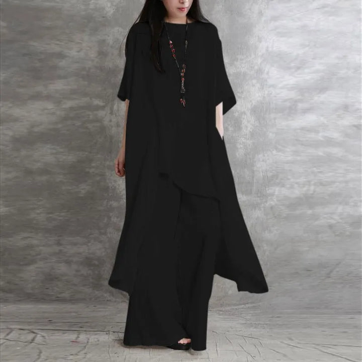 Women Cotton Linen Pant Sets 2 Pieces Casual Half Sleeve Solid Loose Blouse&amp;High Elastic Waist Wide Leg Full Trousers Suits