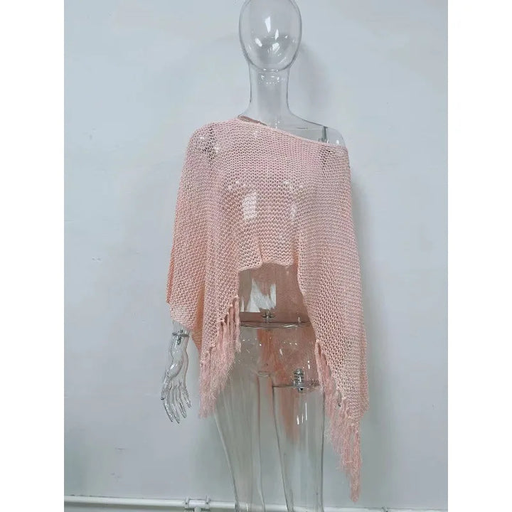 Women Summer Crochet Knit Mesh Cover Up Sexy Tassel Knit Poncho Sheer Beach Sun Protection Off Shoulder Irregular Shawl Top