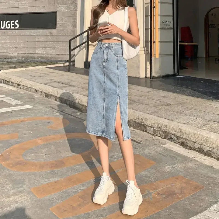 Female Jeans Skirts Midi Blue High Waist With Slit Women&