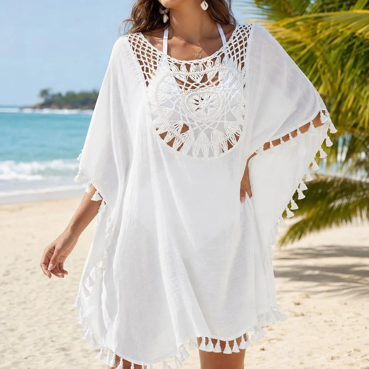 Women Crochet Tassel Beach Cover Up Hollow Out Batwing Sleeve Swim Cover Dress Boho Bikini Swimsuit Cover Up for Vacation