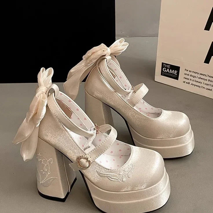 Women High Heel Shoes Lolita Pumps Fashion Spring Autumn Ladies Outdoor Retro Bow Mary Jane French Elegant 6-8cm High Heels