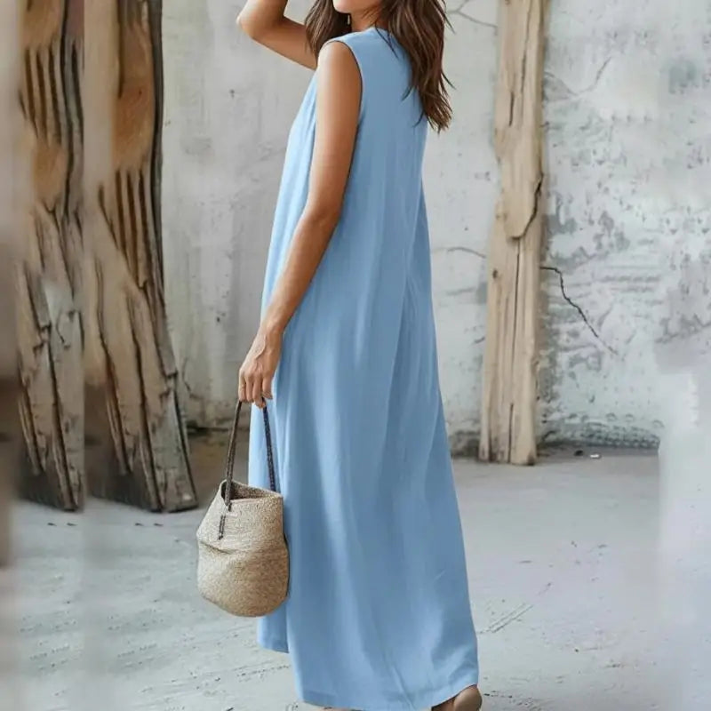 Y3NE Womens Cotton Linen Dress Casual V-Neck Sleeveless Spring Maxi Dresses Beach Dresses Vacation Outfits
