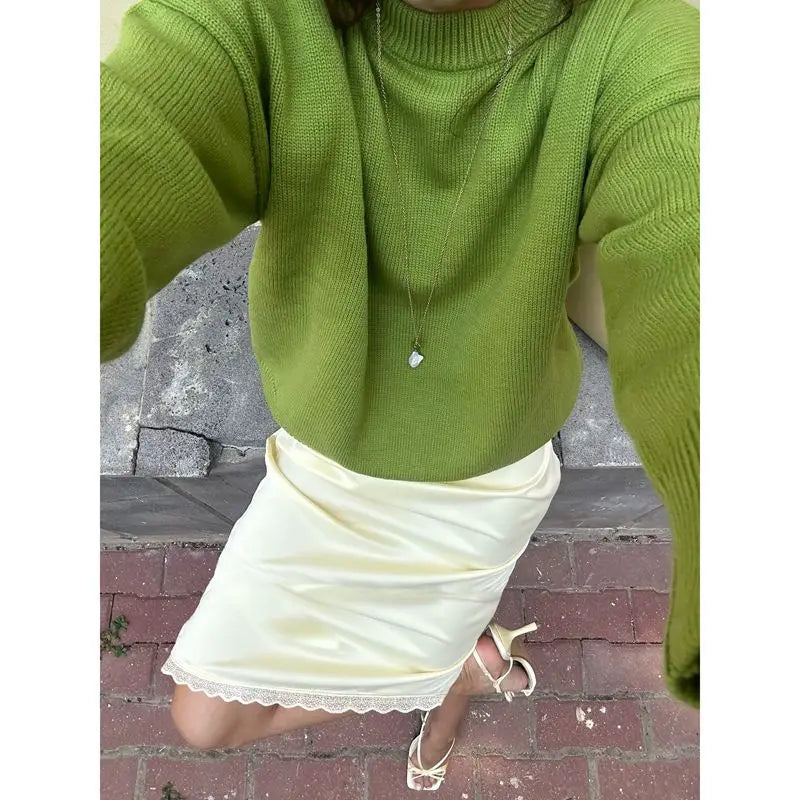 Women Satin Silk Midi Straight Skirts Elegant Y2k Elastic Low Waist Vintage Floral Lace Trim Half Slips Underskirts