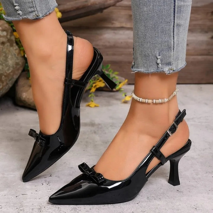Women Pointed Toe Slingback Heels Elegant Patent Leather Metal Buckle Mid Kitten Heel Dress Shoes for Party Office Wedding Shoes