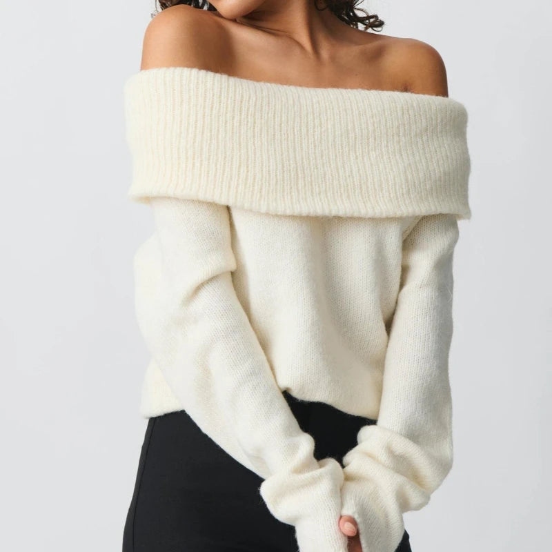 Off-the-shoulder Cream Knit Sweater Off Shoulder Foldover Soft Slouchy Pullover Chic Cozy Bardot Knit Top Fall Winter Trendy