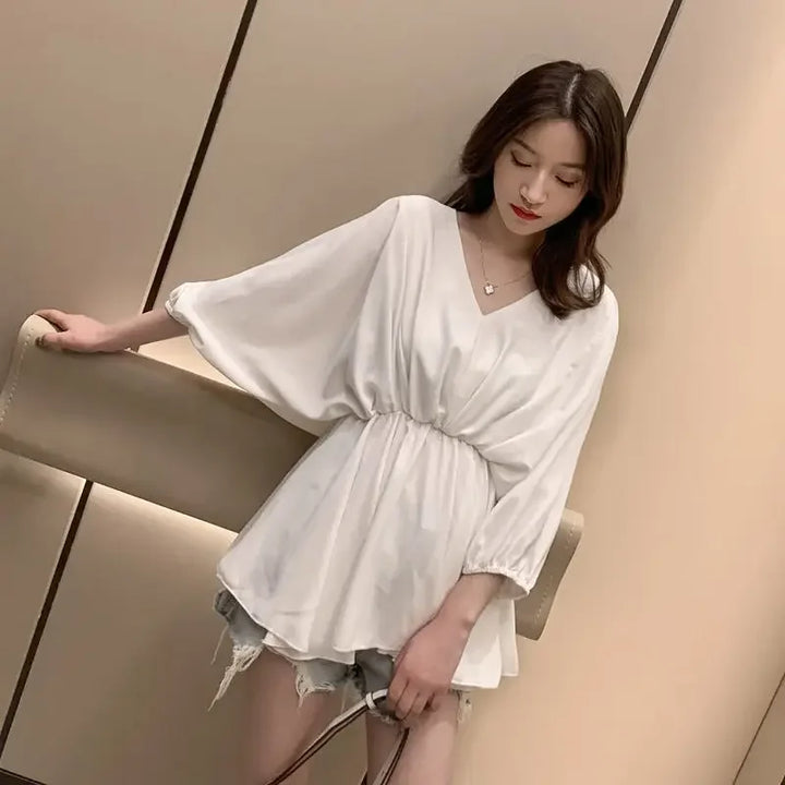V Neck Tops For Women Pattern Chiffon Womens Shirt &amp; Blouse Loose Clothes Aesthetic M Tall Fine Elegant 2025 Comfortable Y2k S