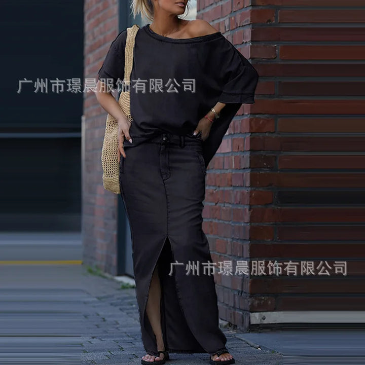 Summer Maxi Skirt Sets Women 2025 Fashion Long Sleeve Loose Tees Tops 2 Pieces Set For Woman Elegant