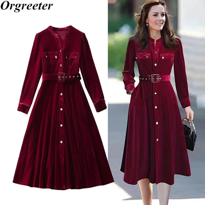 Autumn Vintage Solid Velvet Dress for Women Winter V-neck Long Sleeve Belts Slim A-line Midi Dress Robes Femme
