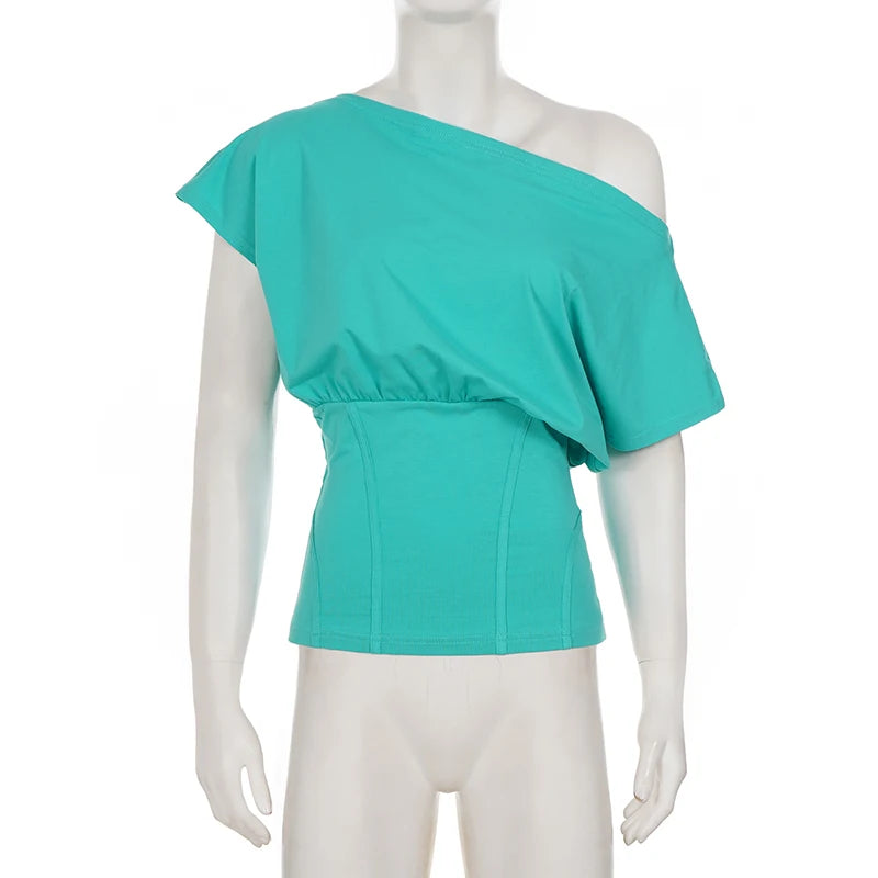 Women’s Off-Shoulder Short Sleeve T-Shirt Casual Slim Fit Summer Top Elegant Solid Color Clothes Fashion Stylish Daily Wear Tee