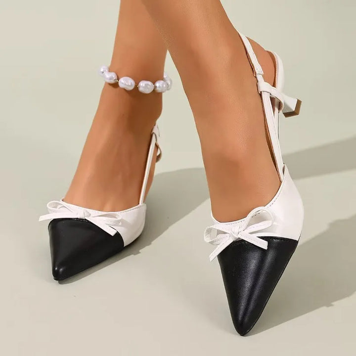 Women Design High Heels Two Tone Pointed Toe Slingback Heels Bow Decor Kitten Heel Pumps Office Dress Shoes