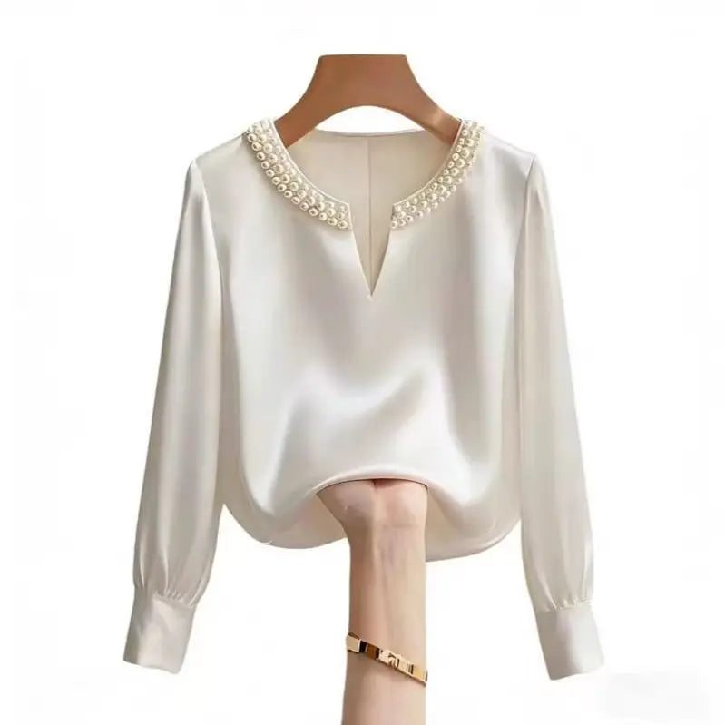 Pearl V-neck Silk Satin Top Women Luxury Elegant Long Sleeve T Shirt Commuter Loose Casual Basic Tees Chic Work Wear
