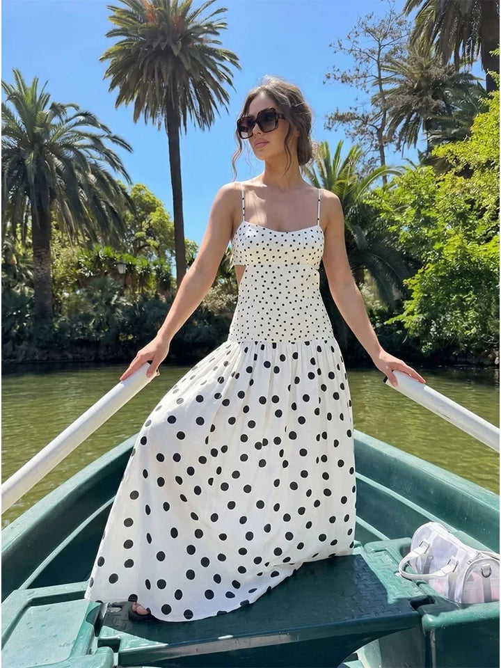 Women White Polka Dot Maxi Dress Summer Female French Style Spaghetti Strap Dress Lady Elegant Chic Cutout Waist Party Sundress