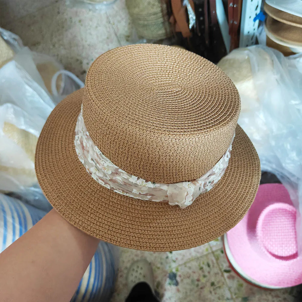 1pcs Luxury Elegant Women Summer Straw Hat Flat Top Boater Cap Folds Hand Weave Wide Brim Sun Hat Panama Fedora Шляпа
