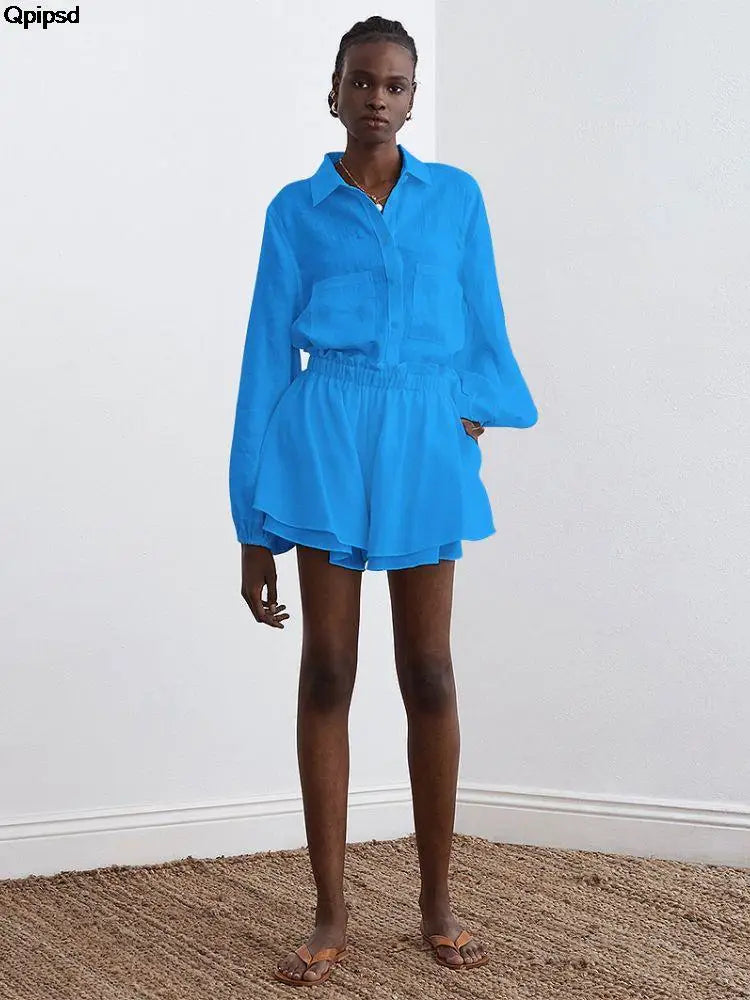 Women Casual Shirt Shorts Two Piece Summer New Fashion Personality Long Sleeved Shirt Loose Shorts Lady Simple Solid Color Suit
